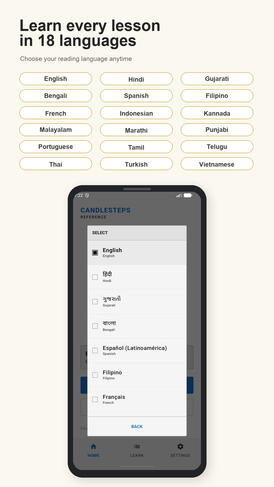 CandleSteps language selection shown inside a phone mockup